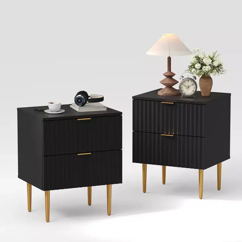 COZONY 2-Pack Modern Fluted Nightstand w/ 2 Drawers Gold & Wood Side Table for Bedroom, Apartment Elegant Design