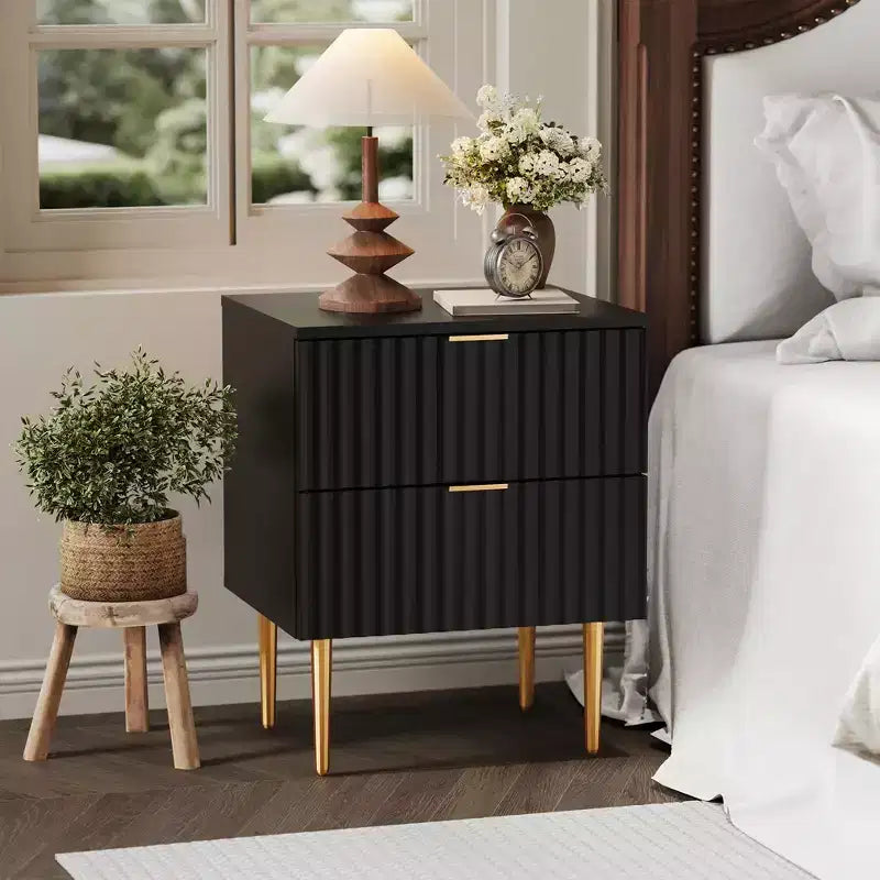 Comodino scanalato moderno, confezione da 2, con 2 cassetti – Tavolino laterale oro e legno per camera da letto