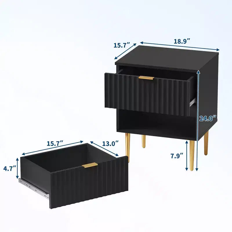Comodino scanalato moderno, confezione da 2, con 2 cassetti – Tavolino laterale oro e legno per camera da letto