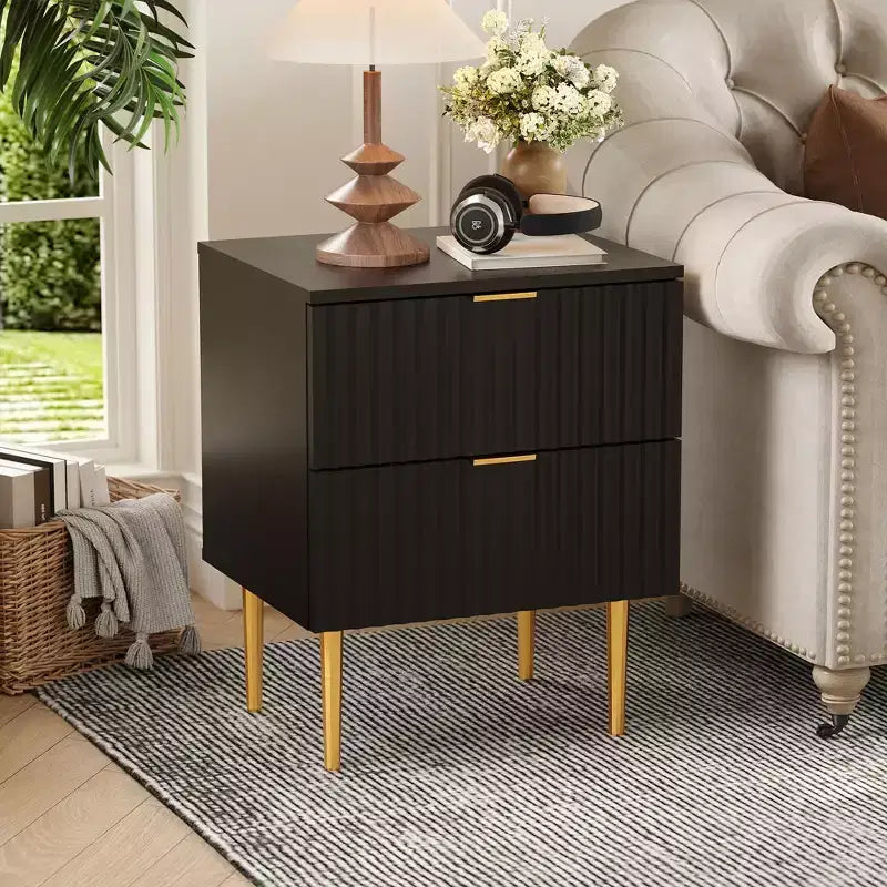 Comodino scanalato moderno, confezione da 2, con 2 cassetti – Tavolino laterale oro e legno per camera da letto