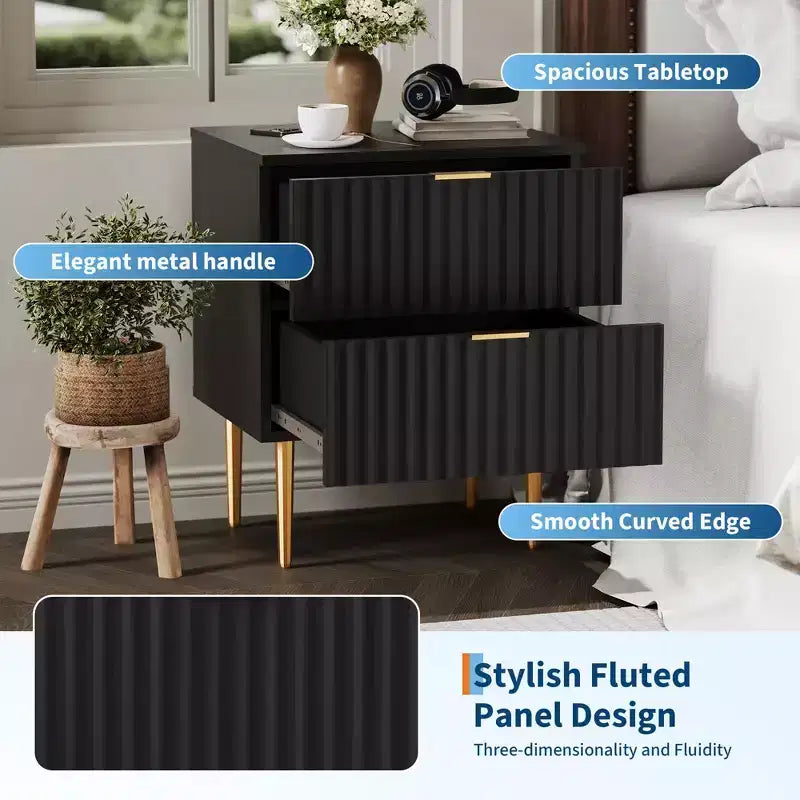 Comodino scanalato moderno, confezione da 2, con 2 cassetti – Tavolino laterale oro e legno per camera da letto