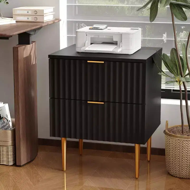 Comodino scanalato moderno, confezione da 2, con 2 cassetti – Tavolino laterale oro e legno per camera da letto