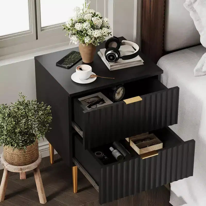 Comodino scanalato moderno, confezione da 2, con 2 cassetti – Tavolino laterale oro e legno per camera da letto
