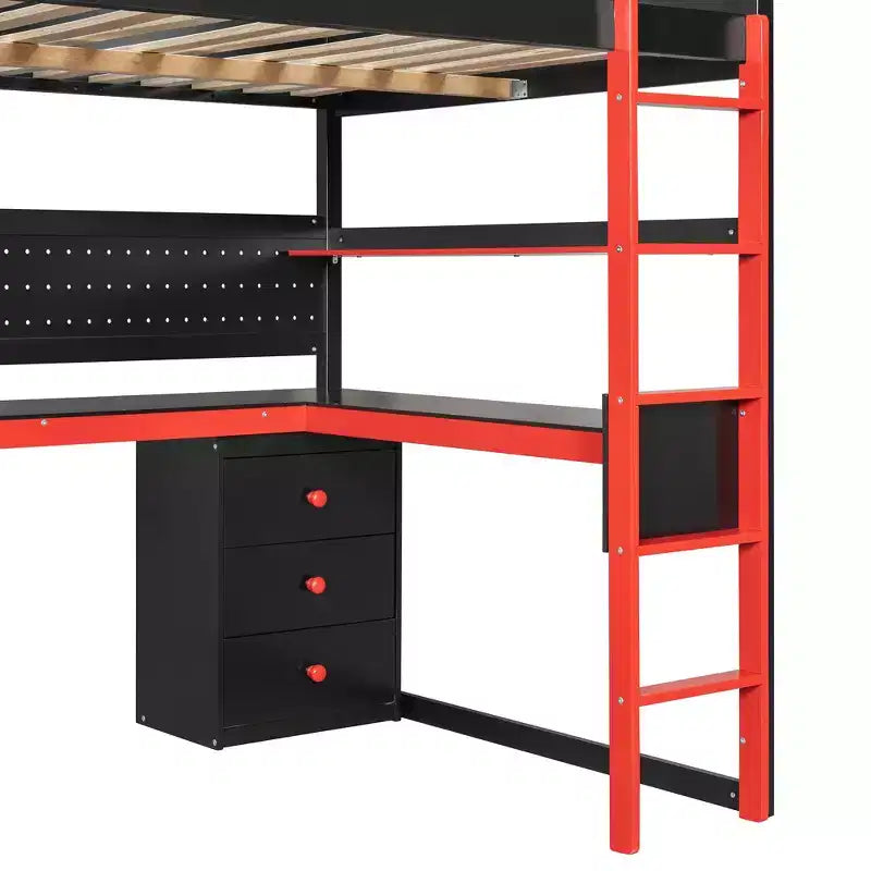 Letto a soppalco a grandezza naturale con scale contenitore, scrivania a forma di U, cassetti e pannello forato