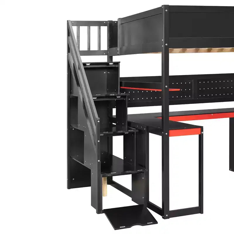 Letto a soppalco a grandezza naturale con scale contenitore, scrivania a forma di U, cassetti e pannello forato