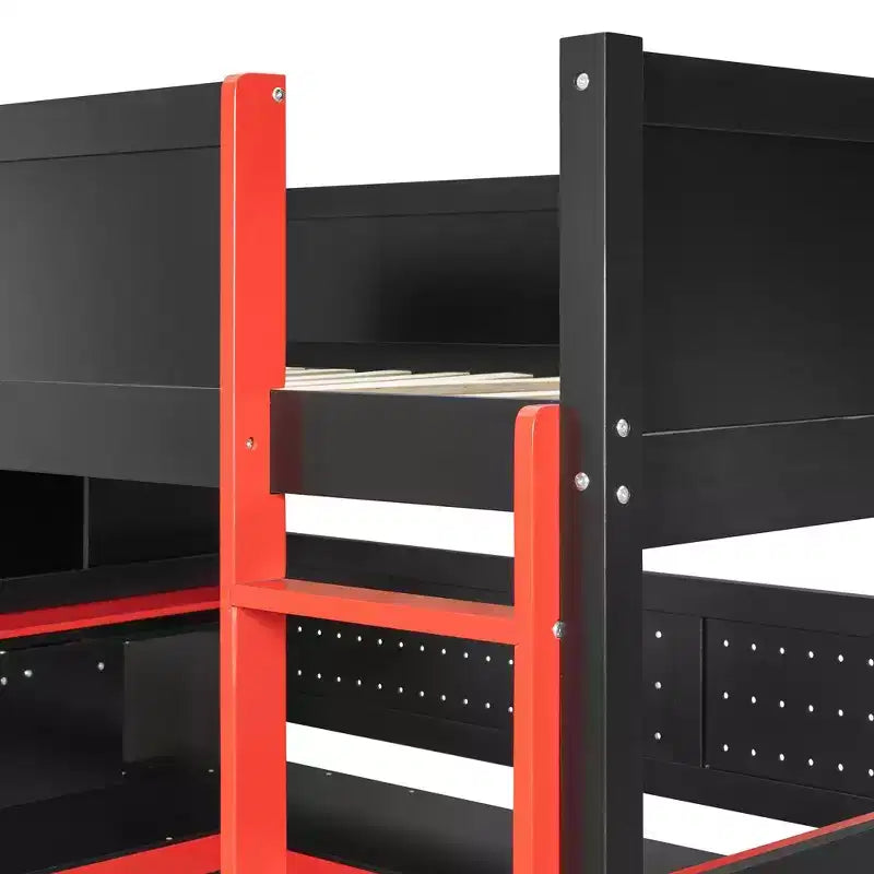 Letto a soppalco a grandezza naturale con scale contenitore, scrivania a forma di U, cassetti e pannello forato