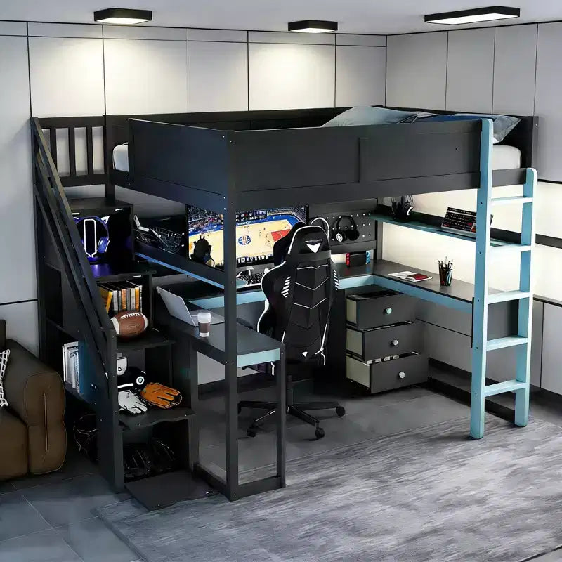 Luxystar Modern Full Size Loft Bed With Storage Stairs, U Shaped Desk, Drawers And Pegboard