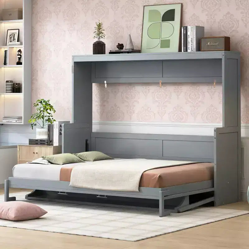 Letto a scomparsa matrimoniale con sollevatore idraulico e scrivania pieghevole integrata