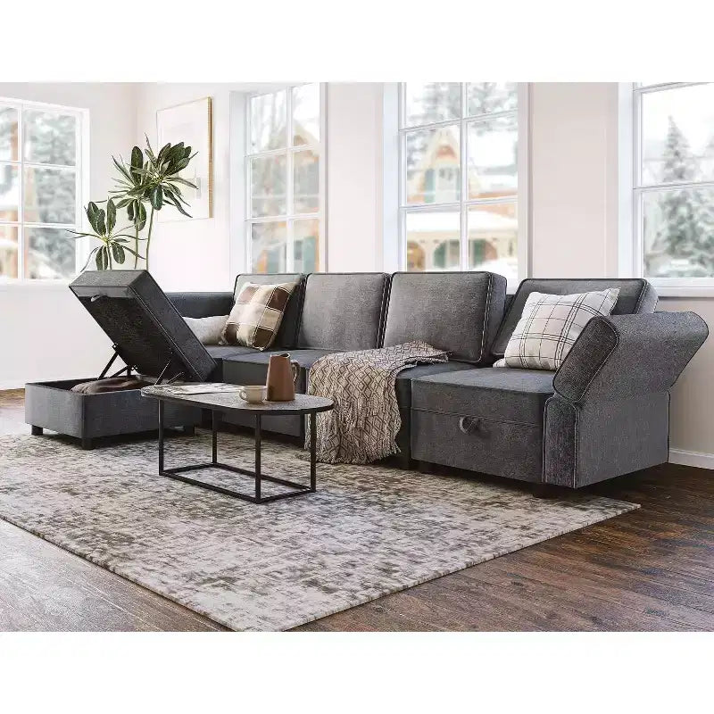 Divano componibile con pouf, configurazione a L