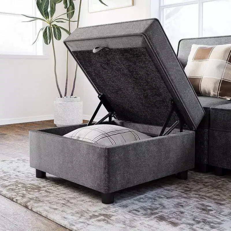 Divano componibile con pouf, configurazione a L