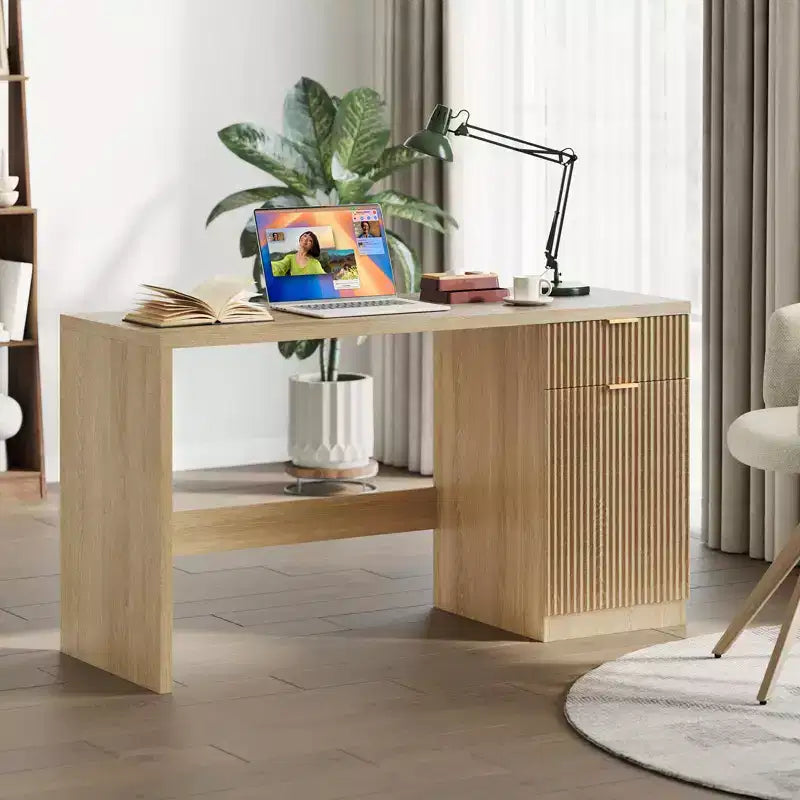 60 in Executive Desk with Storage, Modern Home Office Desk with Drawer & Cabinet, Wood Fluted Computer Desks Workstation Writing Conference Table