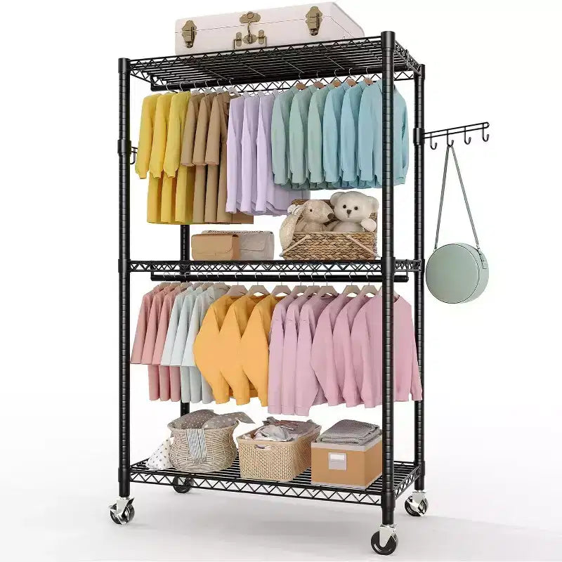 3 Tiers Clothes Rack with Wheels, Adjustable Shelves & 2 Hanging Rod, Heavy Duty Clothing Rack Closet Organizer Freestanding Wardrobe