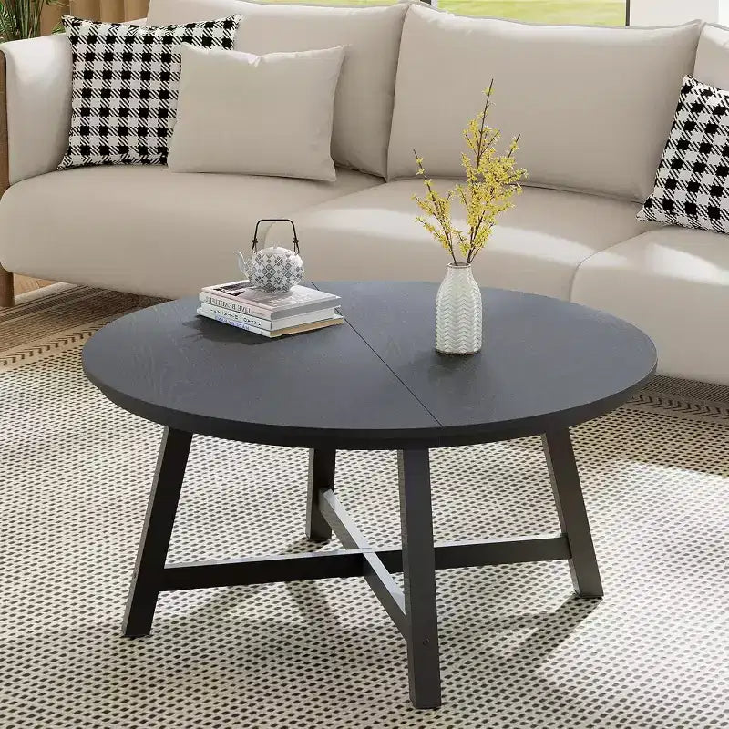 Acekool 36 Round Coffee Table, Industrial Modern Wood & Metal Center Table for Living Room, Office, Reception