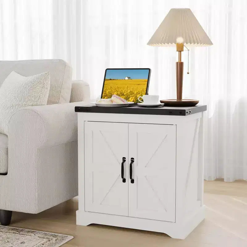 Farmhouse End Table - 24 White Farmhouse End Table with USB Charging Station & Barn Door, Rustic Wood,Side Table for Bedroom Living Room