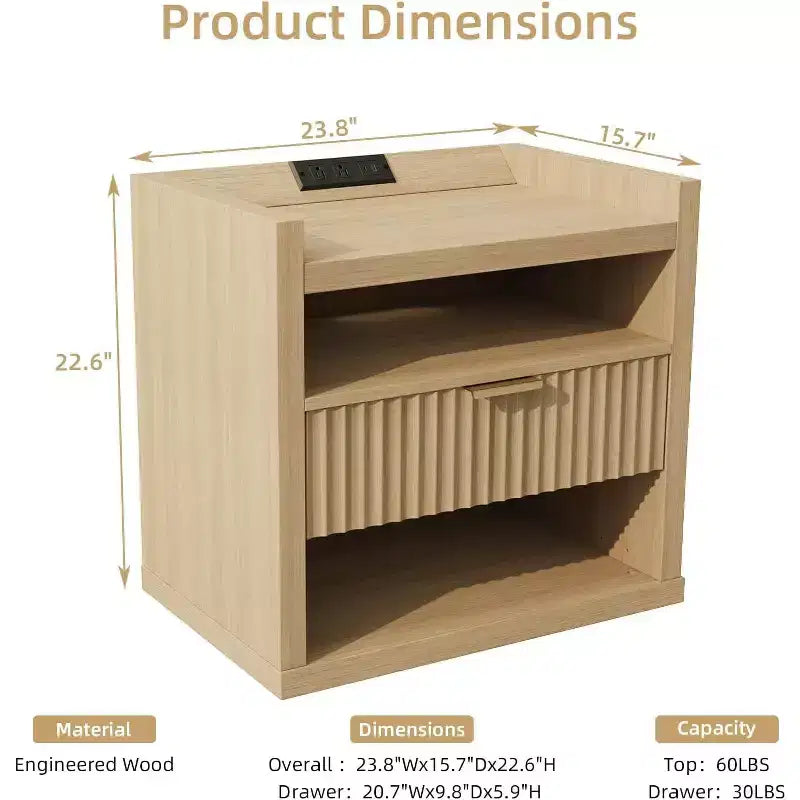 Comodino in Legno Scanalato con Stazione di Ricarica - 1 Cassetto, Porte USB e Type-C