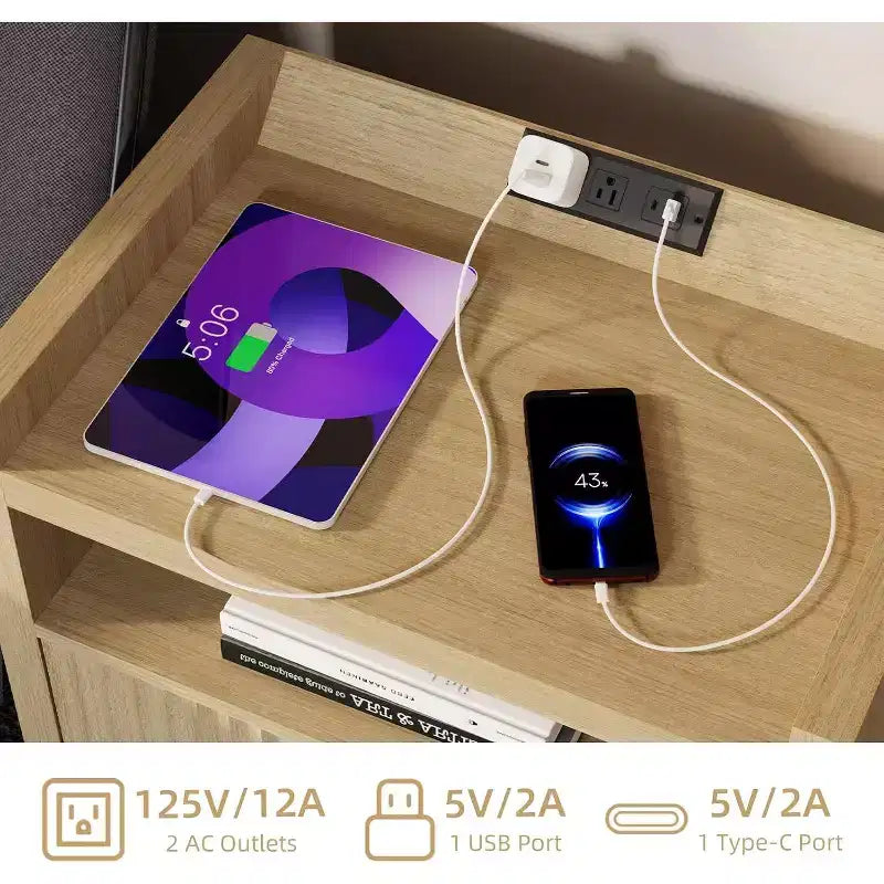Comodino in Legno Scanalato con Stazione di Ricarica - 1 Cassetto, Porte USB e Type-C