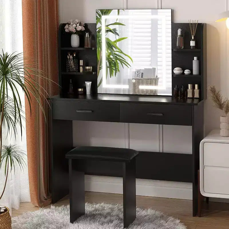 BALHAM TRADE-Makeup Vanity Table with LED Mirror 3 Light Colors Adjustable Brightness 6 Shelves 2 Drawers