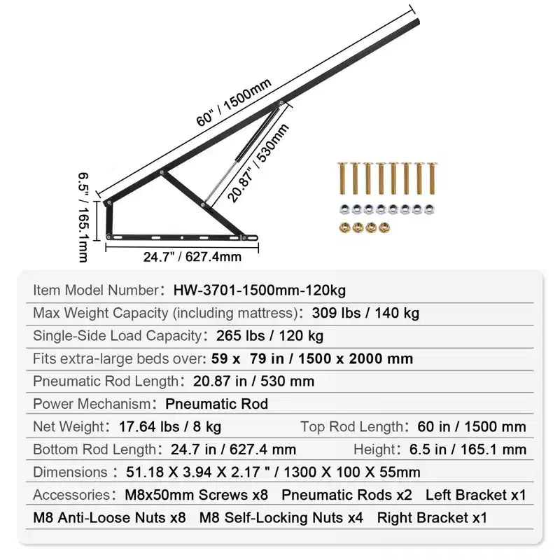 Kit di ferramenta per letto a scomparsa, compatibile 150x200 cm, capacità di carico 140 kg, meccanismo ammortizzatore a gas, nero