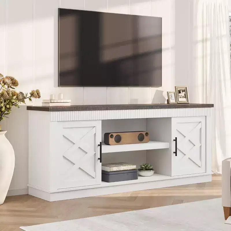 Farmhouse TV Stand for 70/75 in TVs, Entertainment Center w/ 2 Doors Open Storage Shelf, Rustic Fluted Television Consoles Stands for Living Room