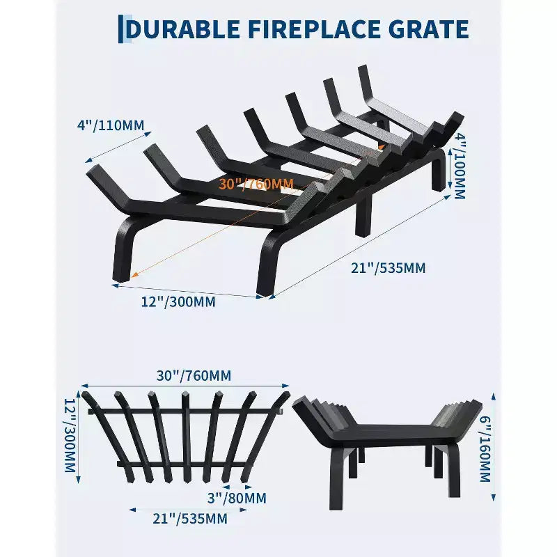 Griglia da camino da 76 cm – Barre in acciaio da 1,9 cm, 6 gambe, design a 7 barre