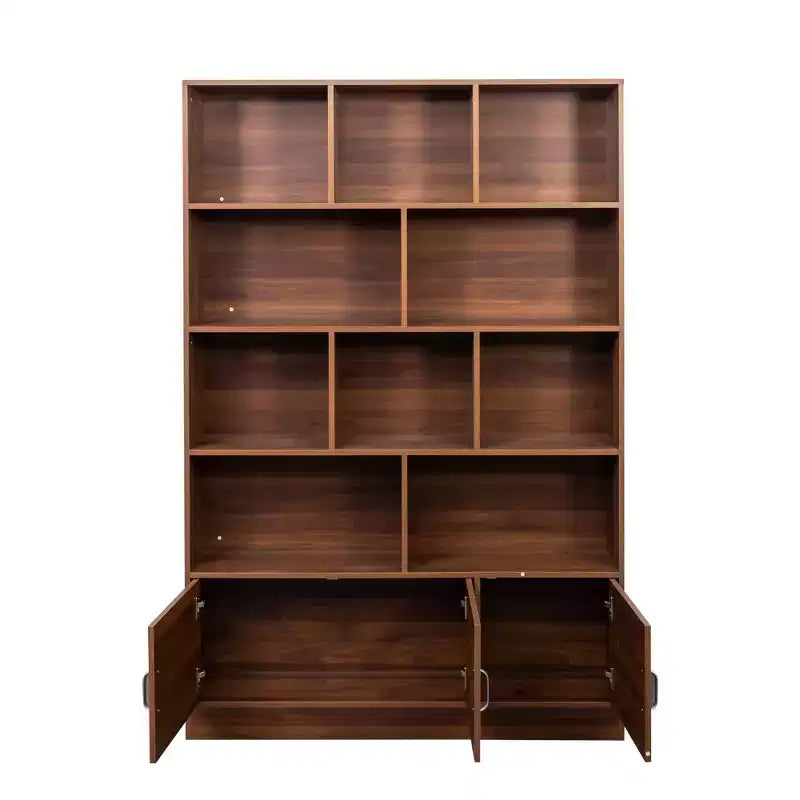 VIYET 71 4-Tier Cube Bookshelf with 3 Doors, Walnut Particle Board Storage Organizer (10 Cubes Open Shelf Bookcase for Living Room & Office)