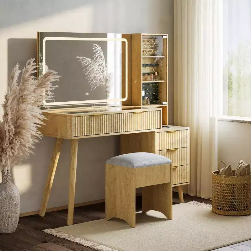 48 Fluted Makeup Vanity Desk with Large Mirror and Lights, Modern Makeup Vanity with Charging Station and Cushioned Storage Stool for Home