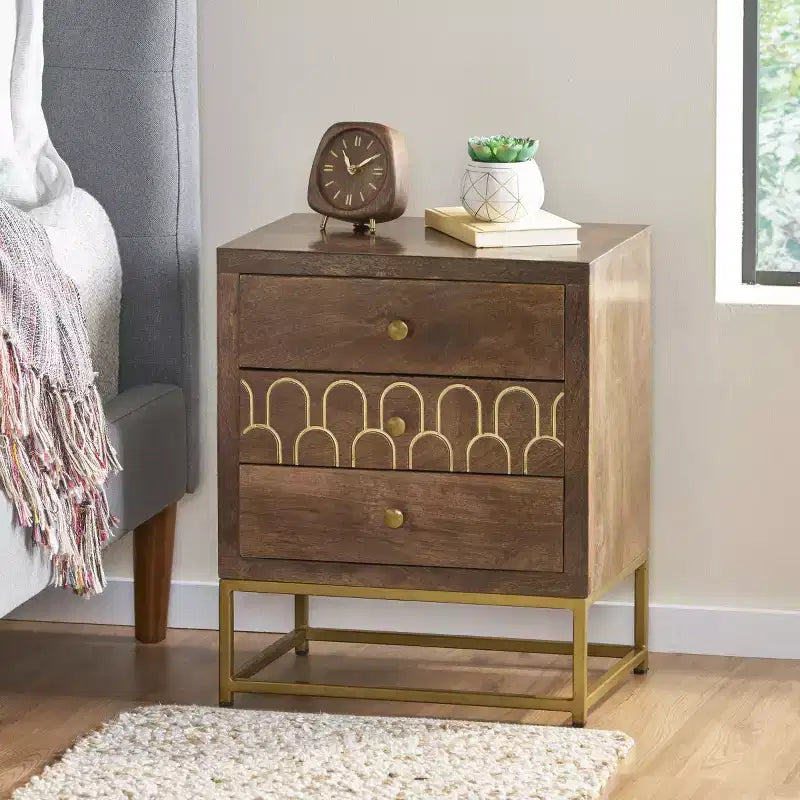 Modern Wood Nightstands with Metal Base, Three Storage Drawers, Bedside Tables for Bedroom, Sofa Side Tables for Living Room-Panipeachy