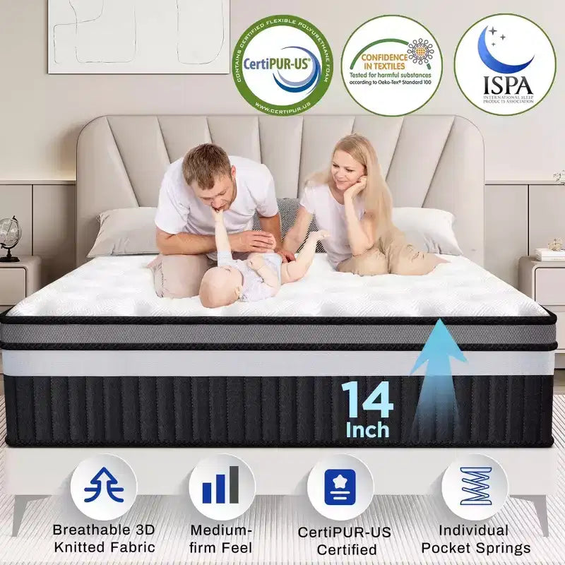 Mattress on Sale,14 Queen Hybrid Mattress in a Box with Gel Memory Foam,Zoned Pocket Coils Support,Cooling Sleep, Medium Feel, CertiPUR-US Certified