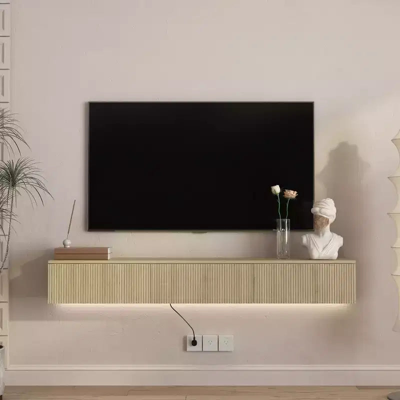 JVNOXK 64-inch modern floating wall-mounted TV stand, suitable for 55-, 60-, and 65-inch TVs, featuring ample storage space. Wood-tone
