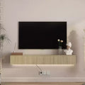 JVNOXK 64-inch modern floating wall-mounted TV stand, suitable for 55-, 60-, and 65-inch TVs, featuring ample storage space. Wood-tone