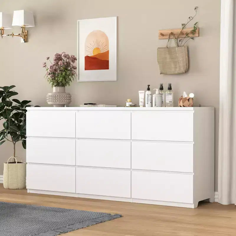 JVNOXK 9-Drawer Dresser with Handle-Free Design, Modern White Matte Wood Dresser for Bedroom, Storage Chest of Drawers for Living Room