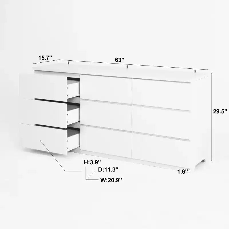 Cassettiera a 9 cassetti con apertura a pressione, finitura bianco opaco