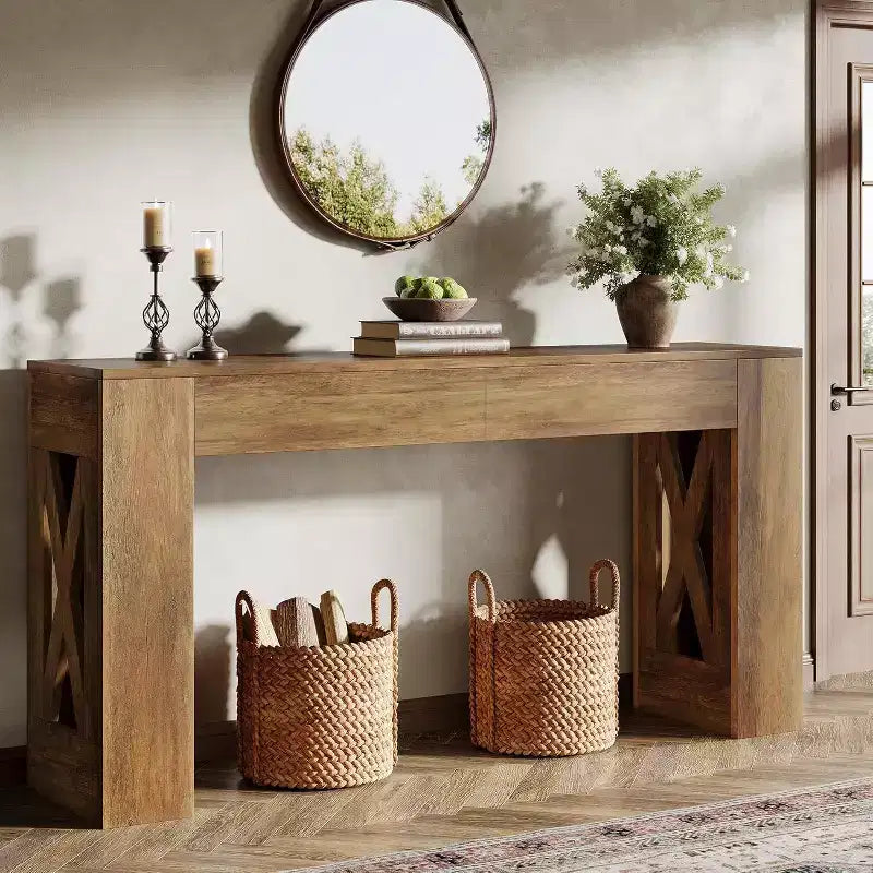 Lantine 63-Inch Long Console Table, Farmhouse Entryway Table with 2 Drawers and X-Legs for Entrance, Hallway, Living Room, Warm Brown