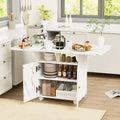 JVNOXK 47-inch wooden collapsible folding dining table with storage cabinet; equipped with 6 wheels; marble-patterned kitchen island, white