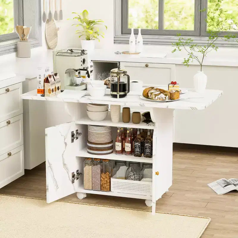 JVNOXK 47-inch wooden collapsible folding dining table with storage cabinet; equipped with 6 wheels; marble-patterned kitchen island, white