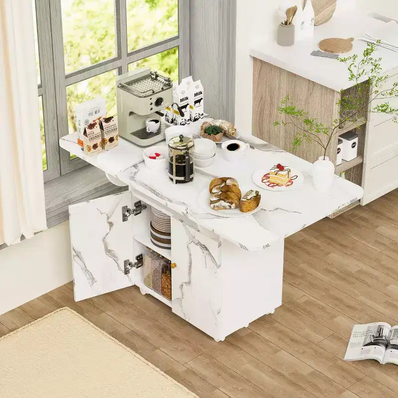 Tavolo da Pranzo Pieghevole con Mobile Contenitore e Ruote, Bianco Fantasia Marmo