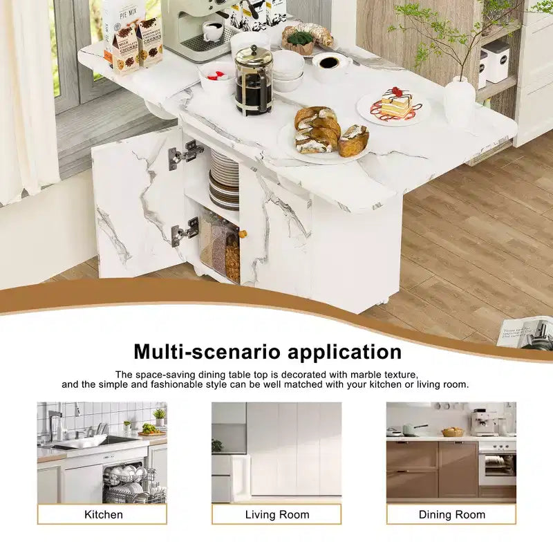 Tavolo da Pranzo Pieghevole con Mobile Contenitore e Ruote, Bianco Fantasia Marmo