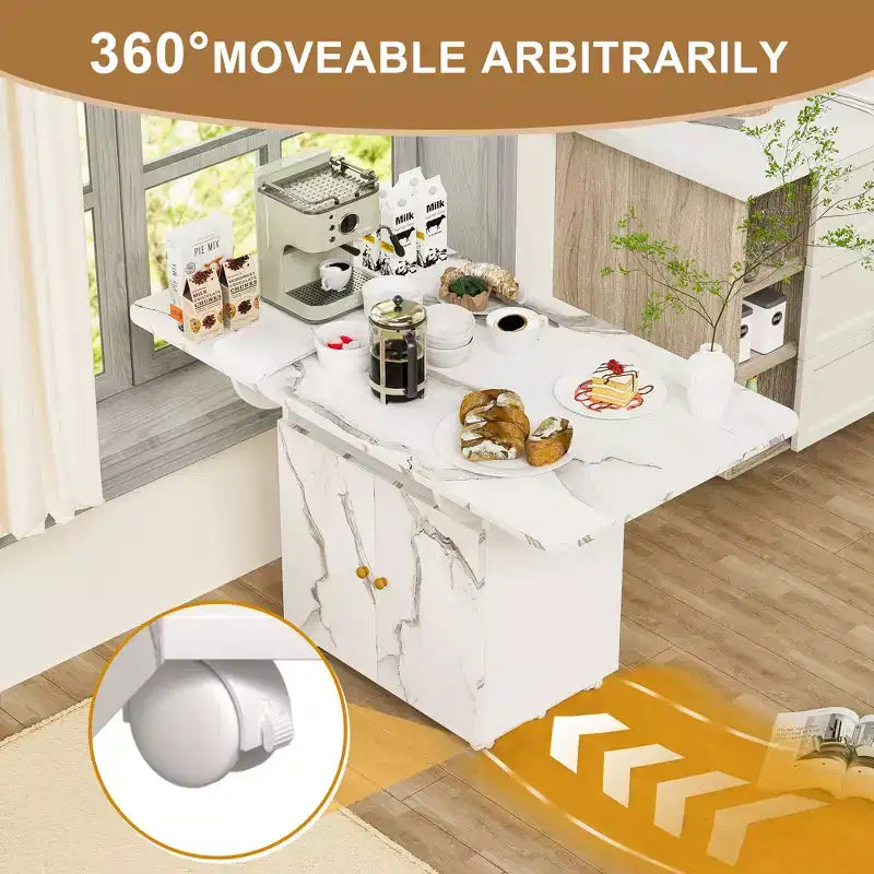 Tavolo da Pranzo Pieghevole con Mobile Contenitore e Ruote, Bianco Fantasia Marmo