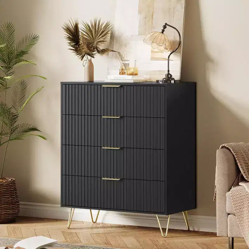 4-Drawer Dresser, Modern Wooden Storage Chest for Living Room & Hallway, Black
