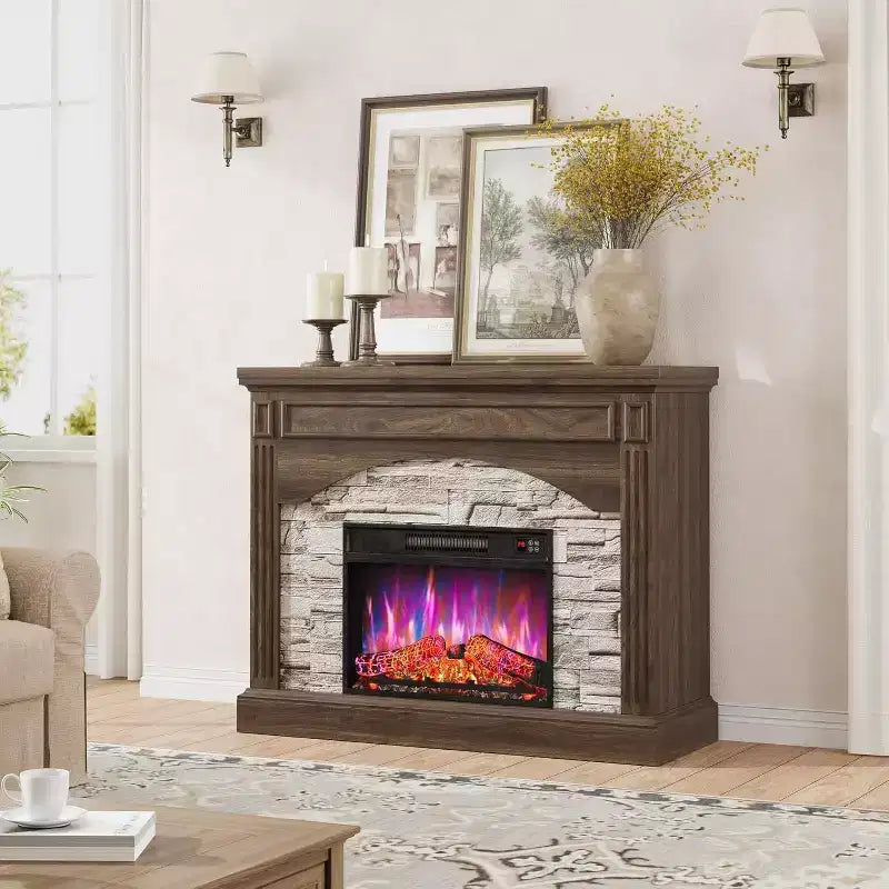 Electric Fireplace TV Stand with Mantel, Remote Control & 3D Flame, Adjustable Heating for Living Room and Bedroom