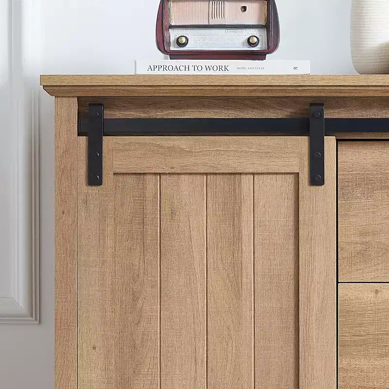 5-Drawer Dresser with Sliding Barn Door, Adjustable Shelves, and Metal Handles for Farmhouse Style