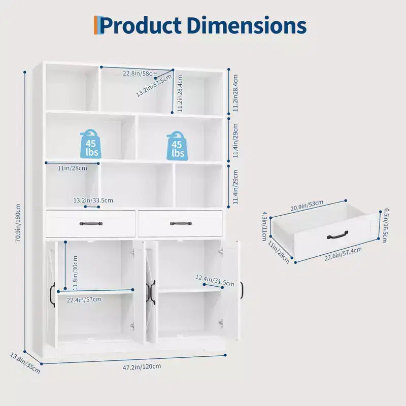 Libreria Alta 180 cm con Cassetti, Ante e Ripiani a Giorno