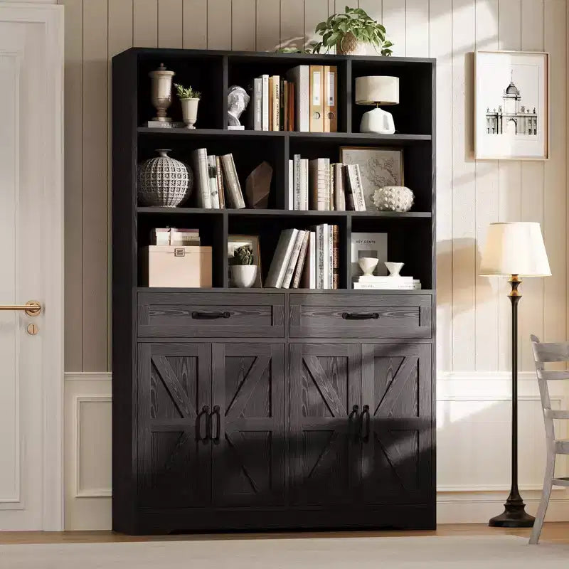 Libreria Alta 180 cm con Cassetti, Ante e Ripiani a Giorno