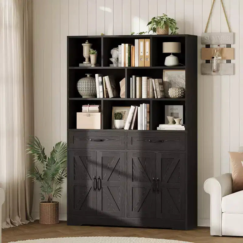 71in Tall Bookcase with 2 Drawers & 4 Doors, 6-Tier 47in Wide Large Modern Bookshelf and Bookcase Storage Cabinet with Shelves for Home Living Room