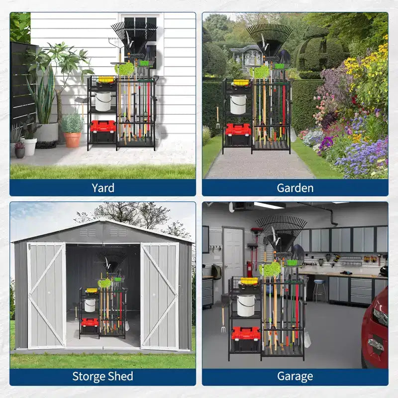Scaffale porta attrezzi da giardino autoportante con ripiani e fessure