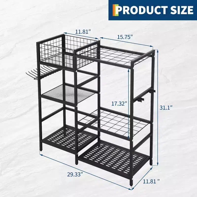 Scaffale porta attrezzi da giardino autoportante con ripiani e fessure