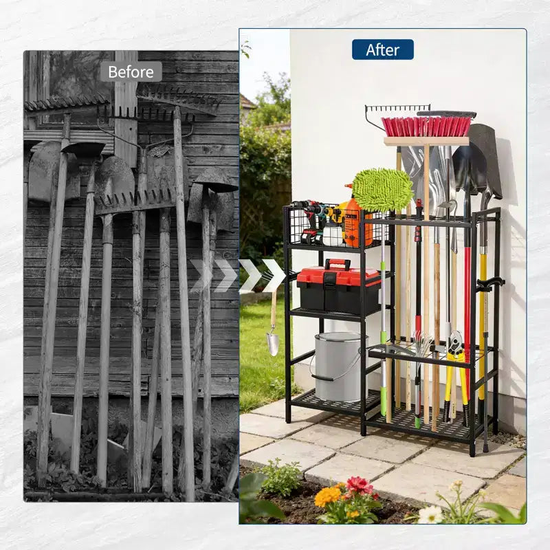 Scaffale porta attrezzi da giardino autoportante con ripiani e fessure