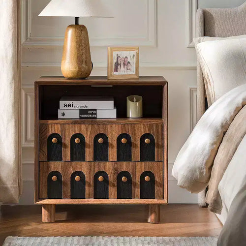 26 inch Tall Nightstand with Charging Station, 2 Drawers, and Curve Mirror Design
