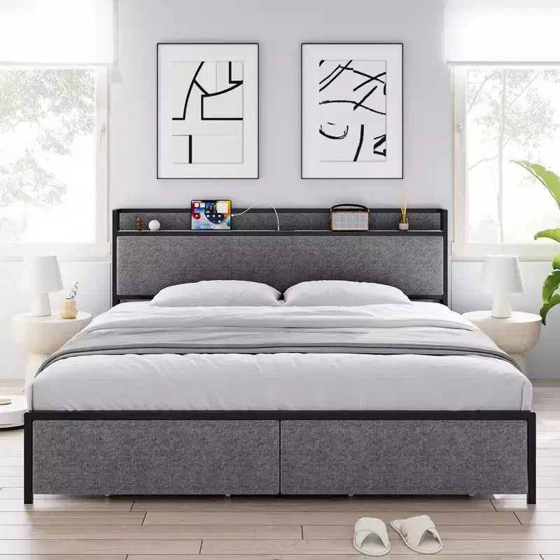 King Size Bed Frame with 2 Storage Drawers, Modern Platform Bed Frames with Upholstered Shelf Headboard, Noise Free, No Box Spring Needed, Gray