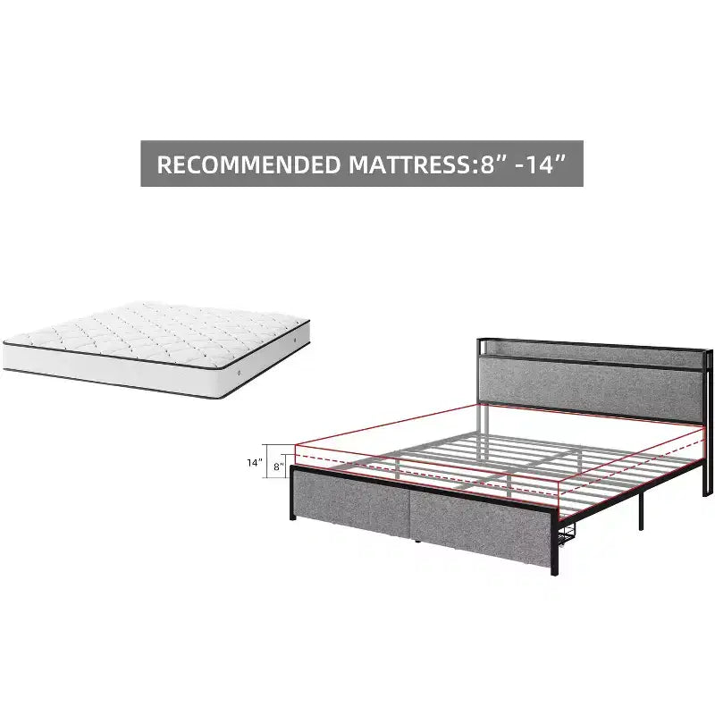 Struttura letto King Size con piattaforma, 2 cassetti portaoggetti e testiera imbottita, grigio